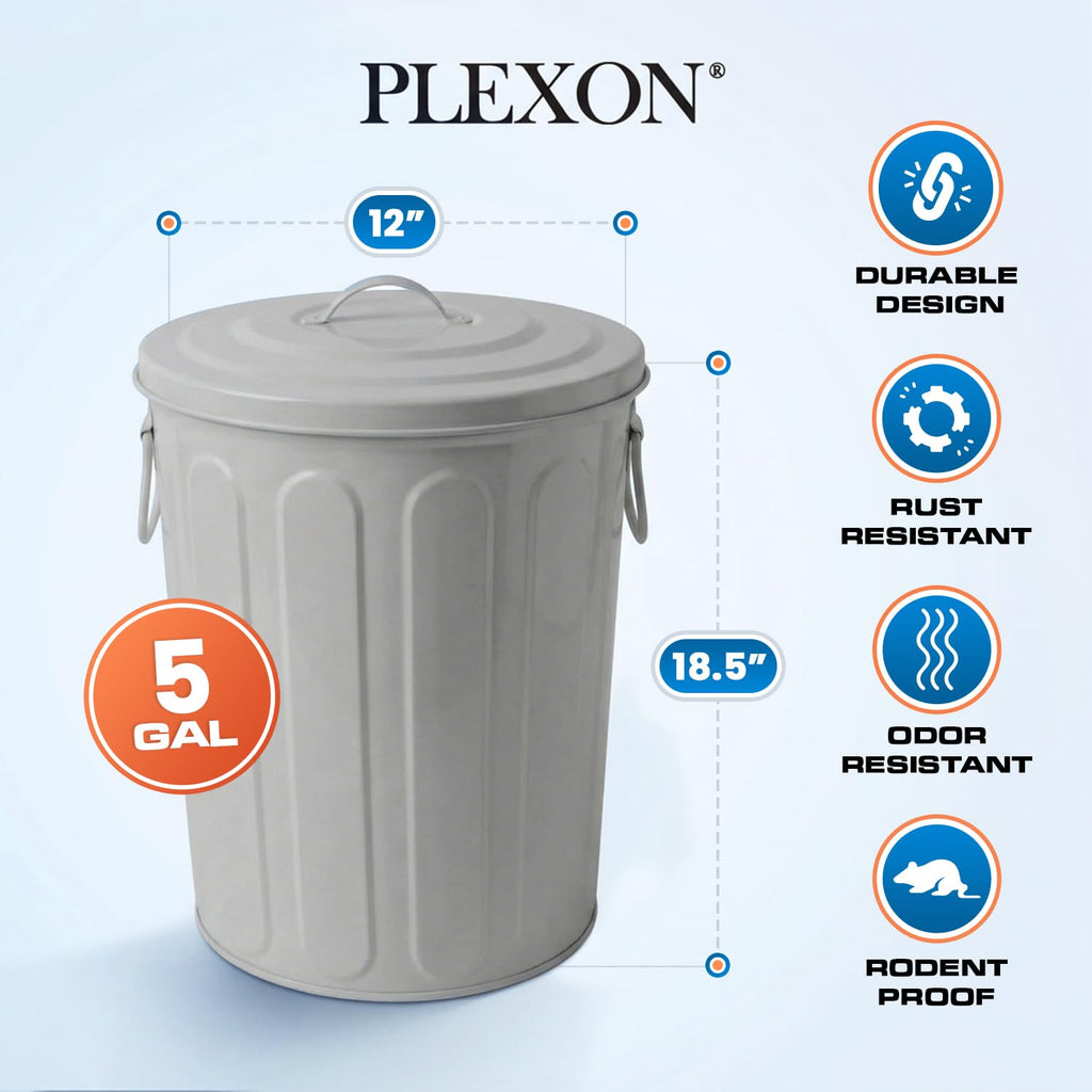 Plexon 5 Gallon Small Metal Trash Can with Lid Outdoor Galvanized Steel Bucket with Lid 5 Gal Storage Can for Dog Food Bird Seed Storage Container Rodent Pet Proof, Gray