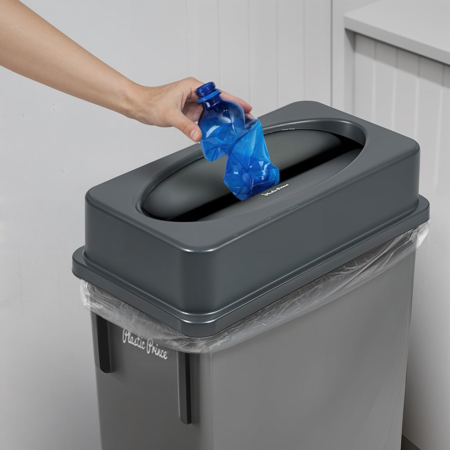 Plastic Prince 23 Gallon Slim Trash Can with Swing Lid Commercial Gray Rectangular Garbage Can with Drop Shot Lid Waste Bin with Double Flip Top for Restaurant Home Kitchen Office
