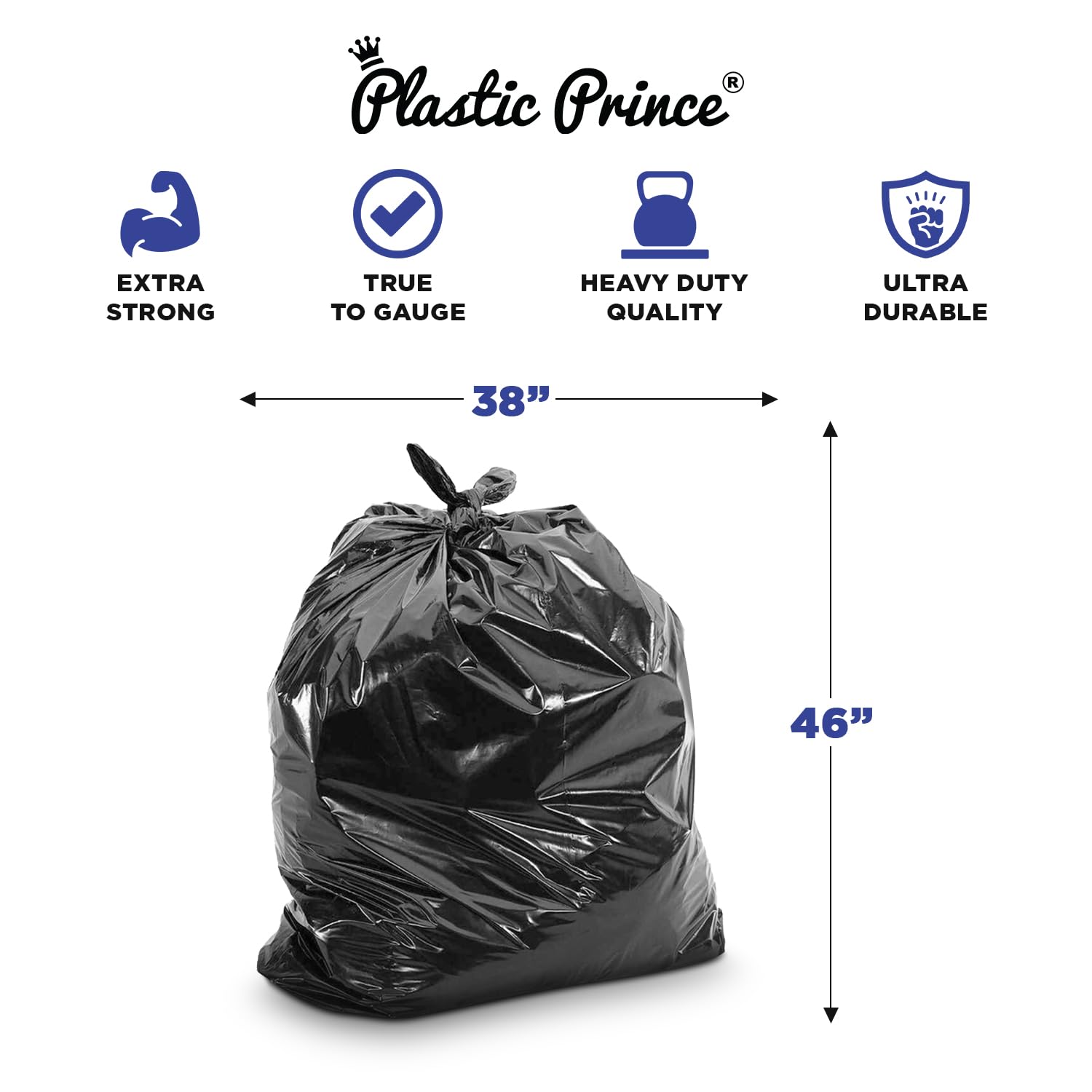 38" x 46" 44 Gal 2 Mil Black Trash Bags, 100/Case