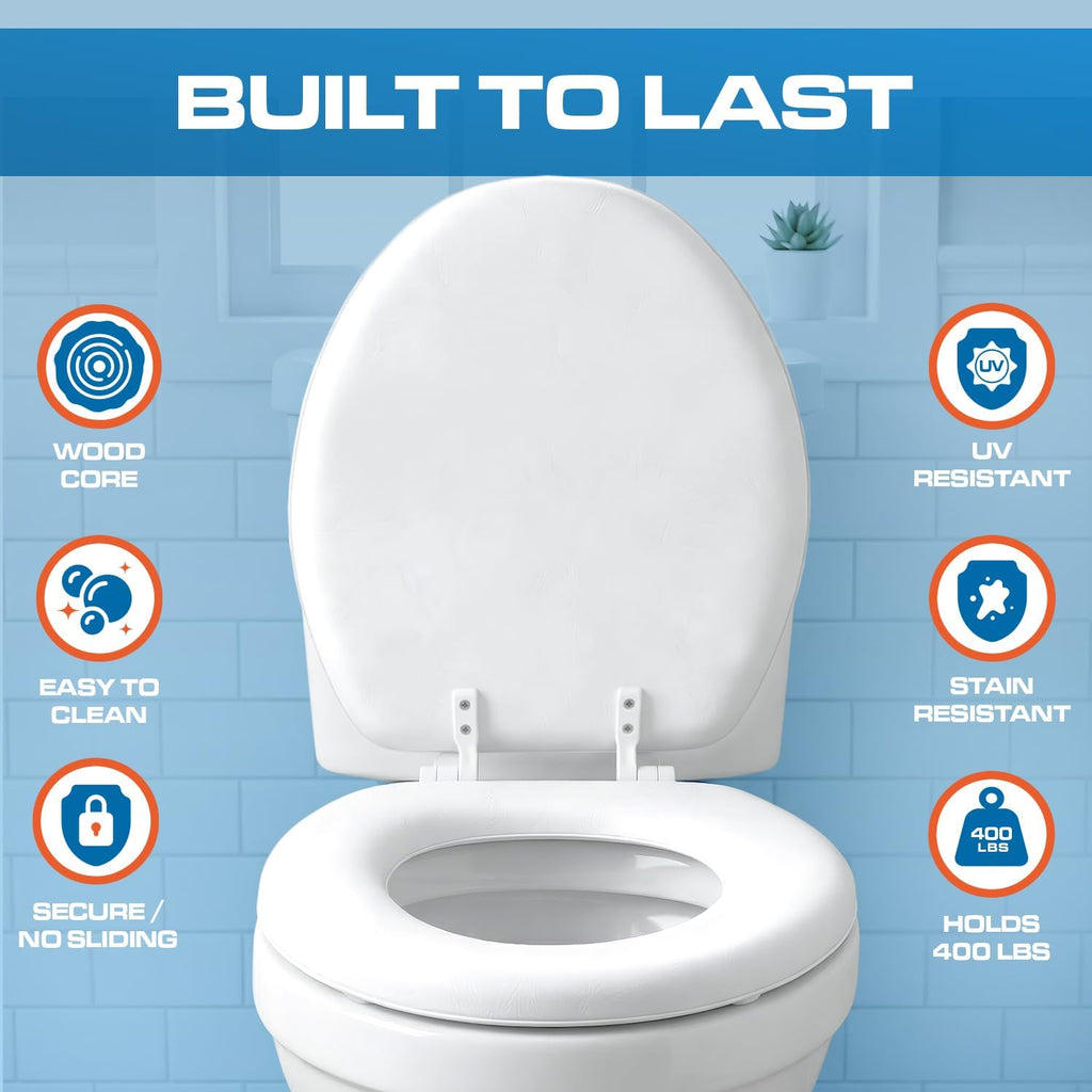 Plexon Round Soft Toilet Seat, Smooth Heavy-Duty Vinyl & Wood Core, Secure Hinge, White