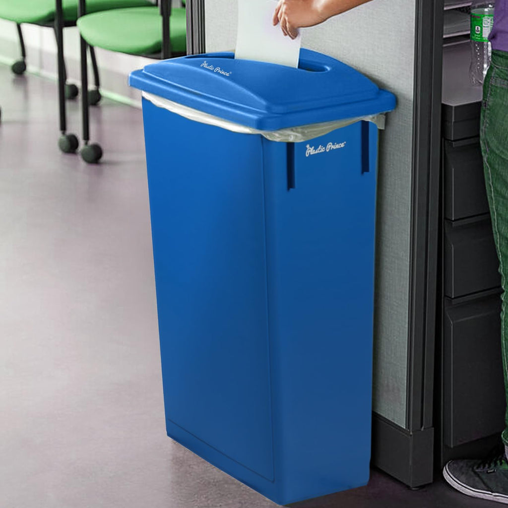 Plastic Prince 23 Gallon Slim Trash Can with Paper Recycling Lid, Commercial Blue Rectangular Garbage Can, Waste Bin for Home Kitchen Cabinet