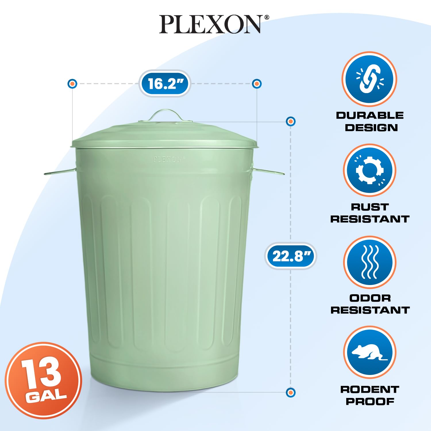 13-Gallon Green Galvanized Steel Round Trash Can with Lid