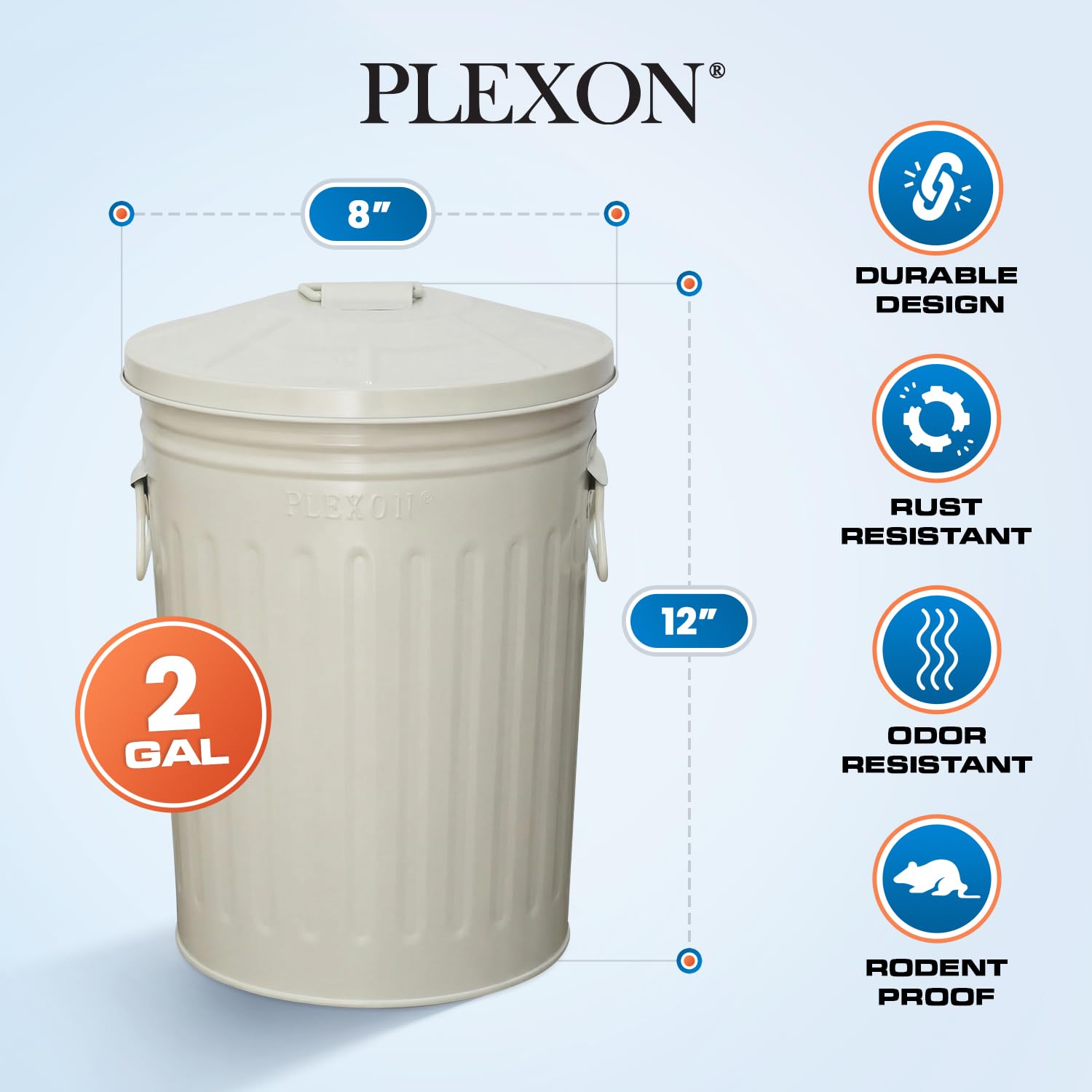 Plexon 2 Gallon Small Metal Trash Can with Lid Bathroom Garbage Can with Lid Bathroom Trash Can for Bedroom Office Kitchen Indoor Waste Basket, Round Powder Coated Off-White Bucket