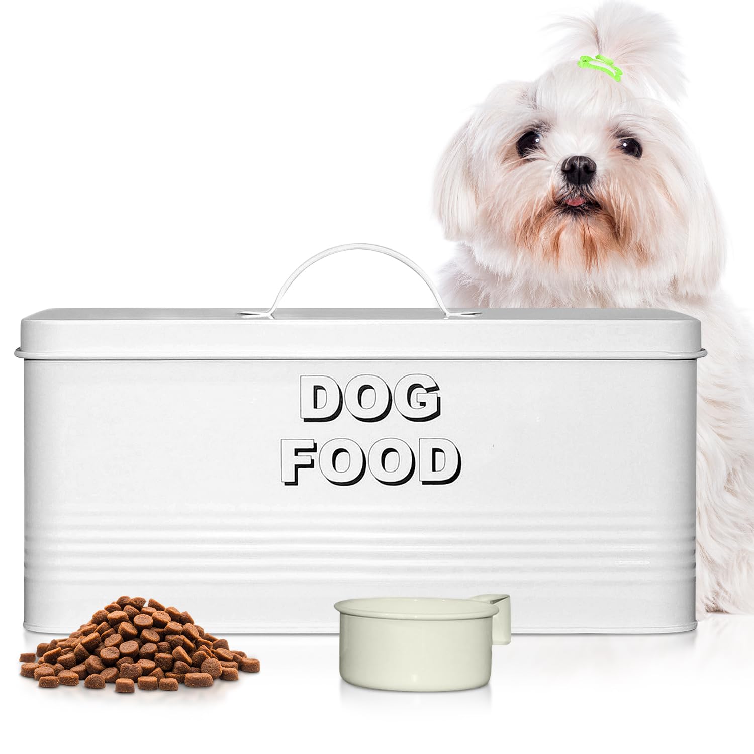 10 lb Rectangular White Metal Pet Food Storage Container with Scoop