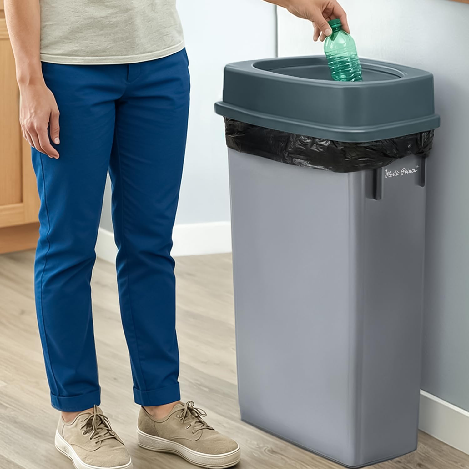 Plastic Prince 23 Gallon Slim Trash Can with Swing Lid Commercial Gray Rectangular Garbage Can with Drop Shot Lid Waste Bin with Double Flip Top for Restaurant Home Kitchen Office