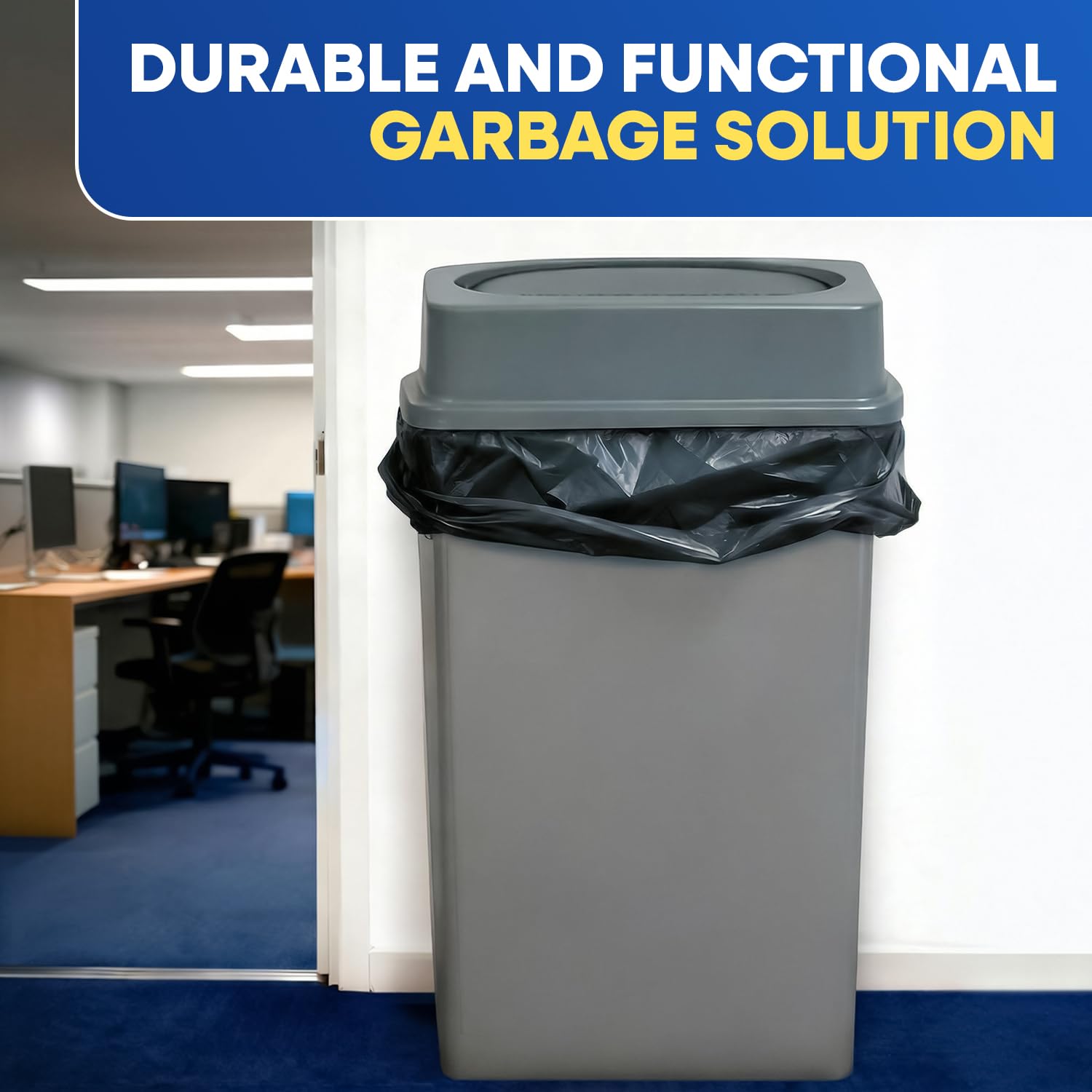 Plastic Prince 23 Gallon Slim Trash Can with Swing Lid Commercial Gray Rectangular Garbage Can with Drop Shot Lid Waste Bin with Double Flip Top for Restaurant Home Kitchen Office
