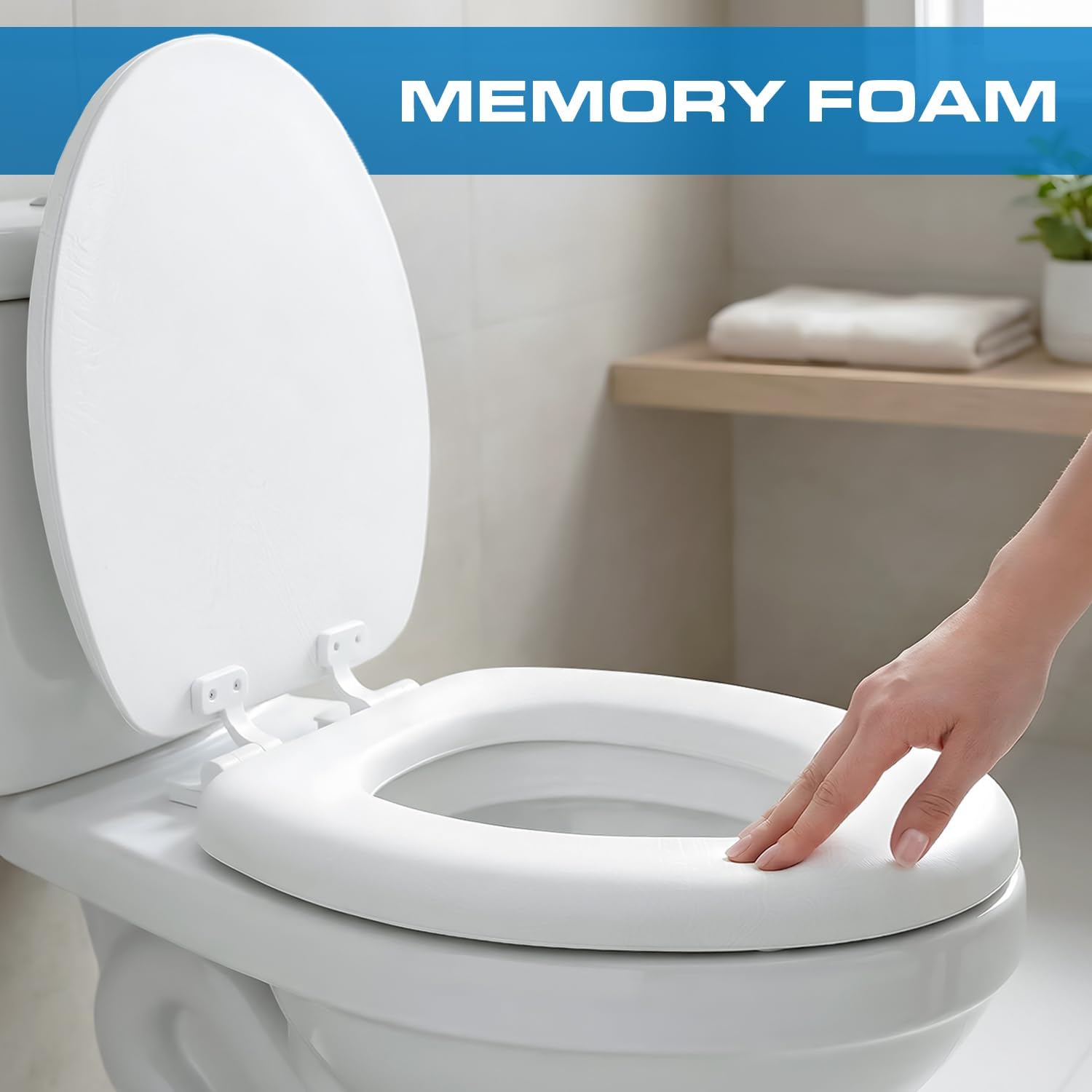 Plexon Elongated Soft Toilet Seat, Smooth Heavy-Duty Vinyl & Wood Core, Secure Hinge, White