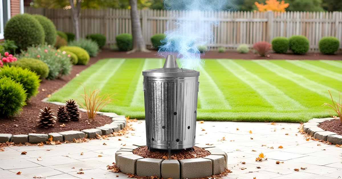Plexon Incinerator Burn Barrel for Outside for Burning Trash Leaf - Metal Burn Can Cage Bin Container - Fire Can Paper Burner Outdoor, Chimney Lid and Ventilation Holes, Galvanized Steel, 31 Gallon