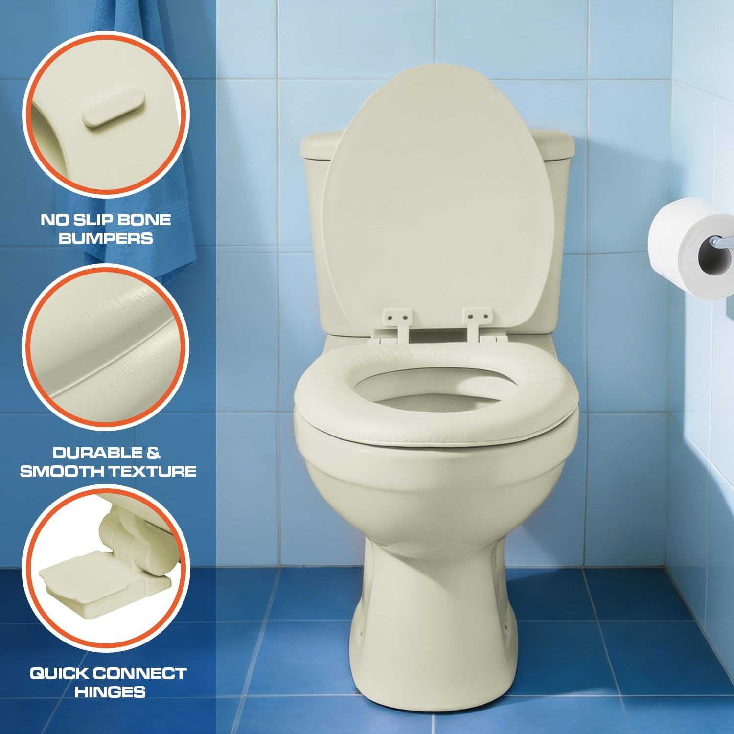 Plexon Soft Cushioned Toilet Seat, Round, Bone, Slow-Close Lid & Seat, Quick-Release Hinge, Easy To Clean & Change