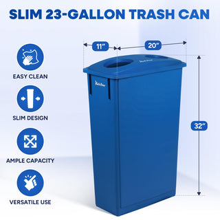 Plastic Prince 23 Gallon Slim Trash Can with Recycling Lid for Bottles and Cans, Blue Commercial Rectangular Garbage Can, Waste Bin for Home Kitchen Office Cabinet
