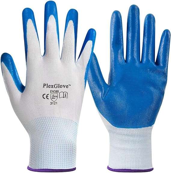 White Nylon Work Gloves with Blue Coated Palm, 10 Pairs Per Pack, 300 Pairs Per Case - 1