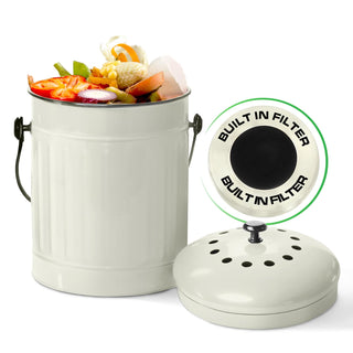 1.5 Gallon Off-White Metal Compost Bin with Airflow Lid and One Charcoal Filter
