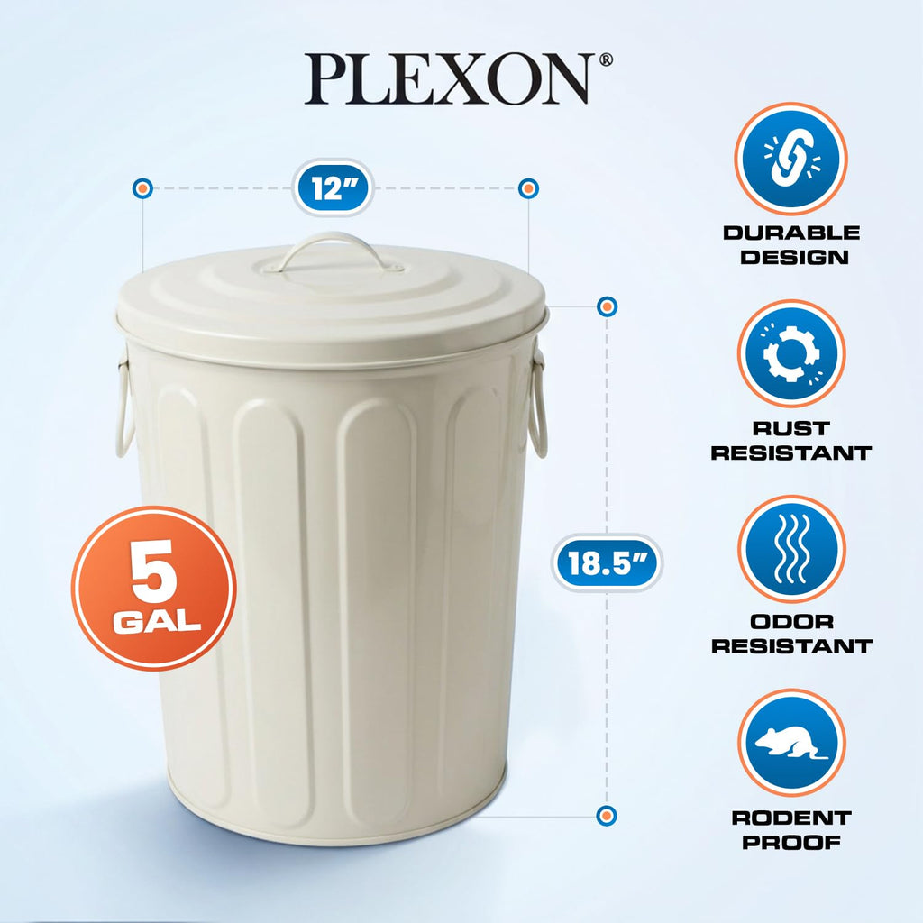 Plexon 5 Gallon Small Metal Trash Can with Lid Outdoor Galvanized Steel Bucket with Lid 5 Gal Storage Can for Dog Food Bird Seed Storage Container Rodent Pet Proof, Matte Off-White