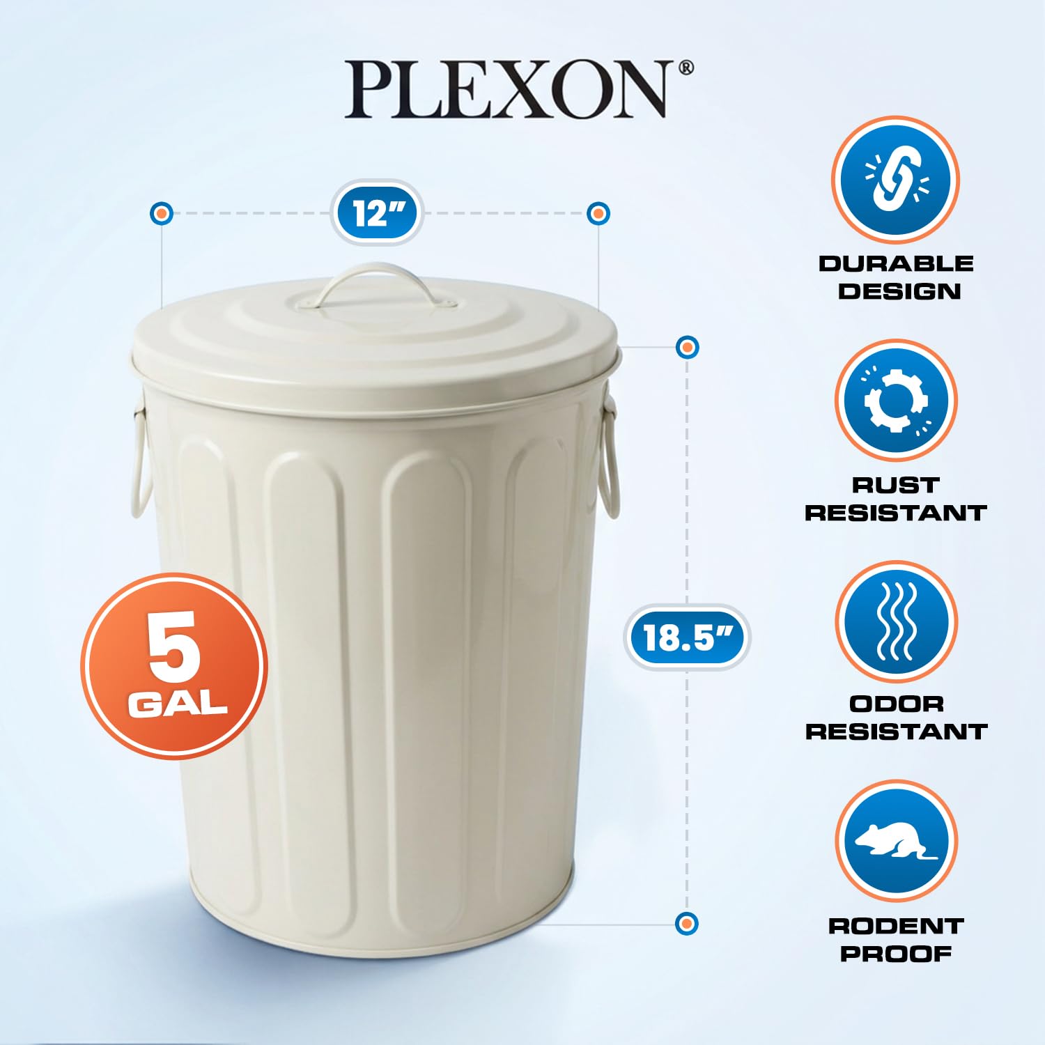 Plexon 5 Gallon Small Metal Trash Can with Lid Outdoor Galvanized Steel Bucket with Lid 5 Gal Storage Can for Dog Food Bird Seed Storage Container Rodent Pet Proof, Matte Off-White