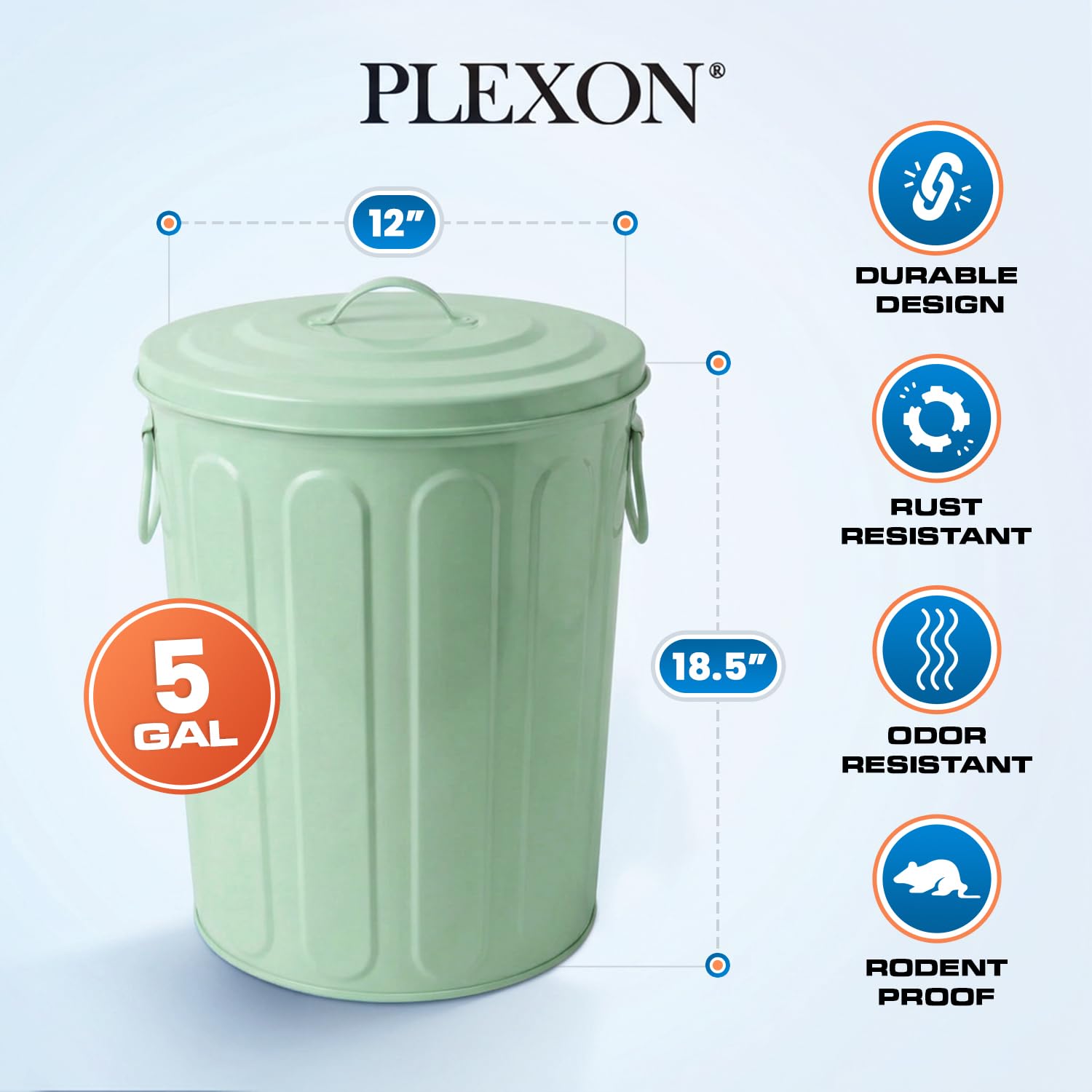 Plexon 5 Gallon Small Metal Trash Can with Lid Outdoor Galvanized Steel Bucket with Lid 5 Gal Storage Can for Dog Food Bird Seed Storage Container Rodent Pet Proof, Green