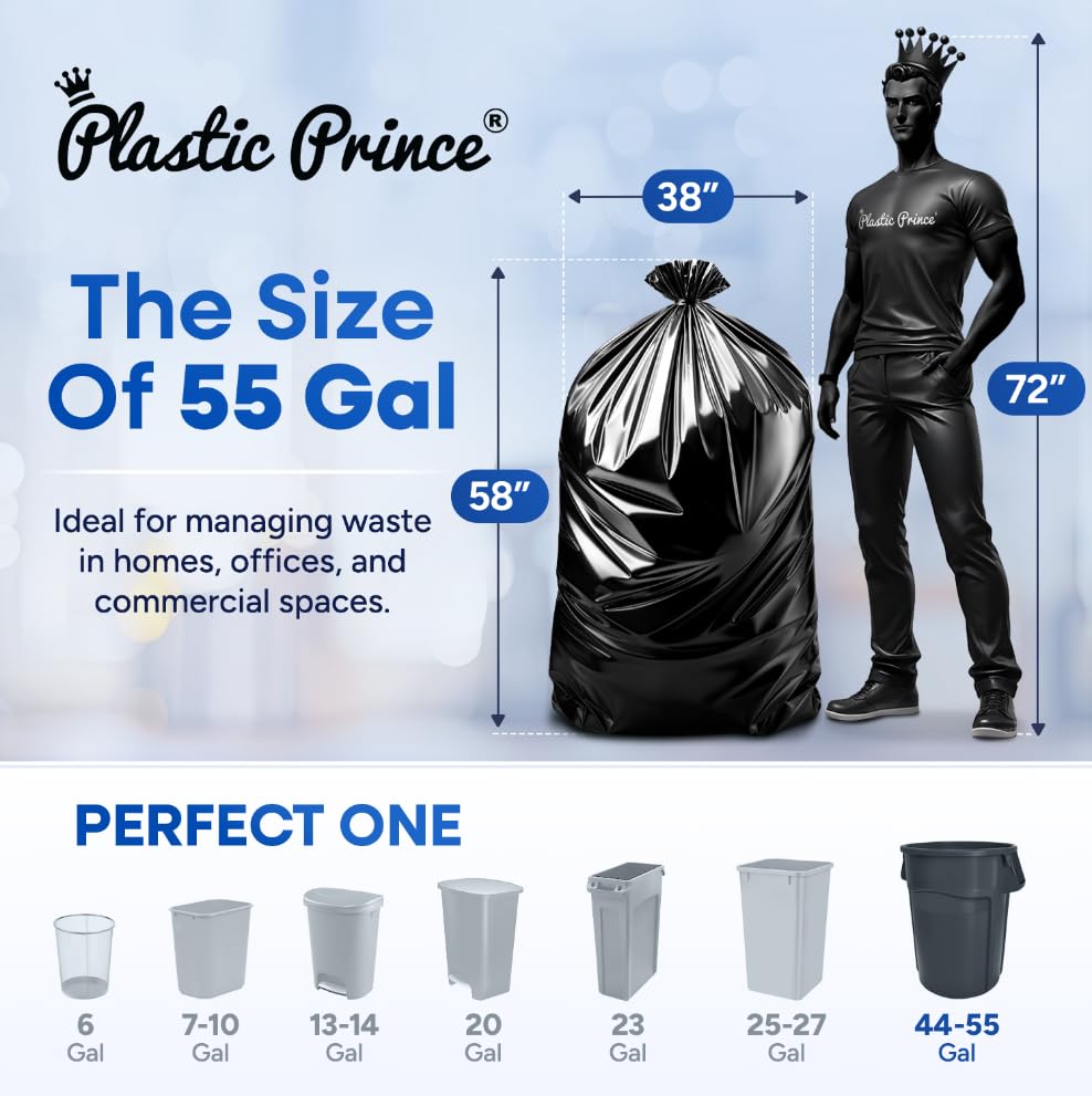 38" x 58" 60 Gal 2 Mil Black Trash Bags, 100/Case