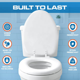 Plexon Elongated Soft Toilet Seat, Smooth Heavy-Duty Vinyl & Wood Core, Secure Hinge, White