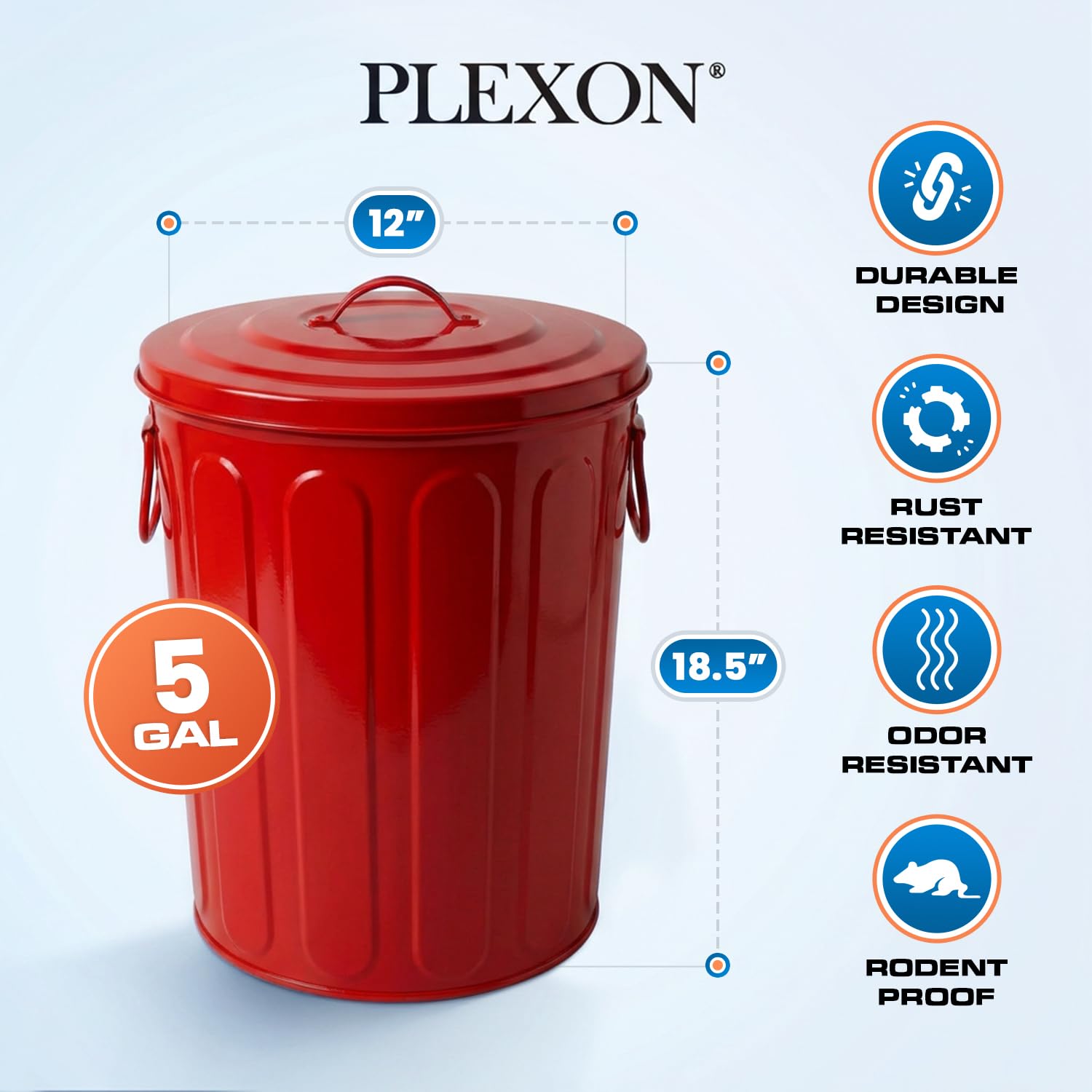 Plexon 5 Gallon Small Metal Trash Can with Lid Outdoor Galvanized Steel Bucket with Lid 5 Gal Storage Can for Dog Food Bird Seed Storage Container Rodent Pet Proof, Red