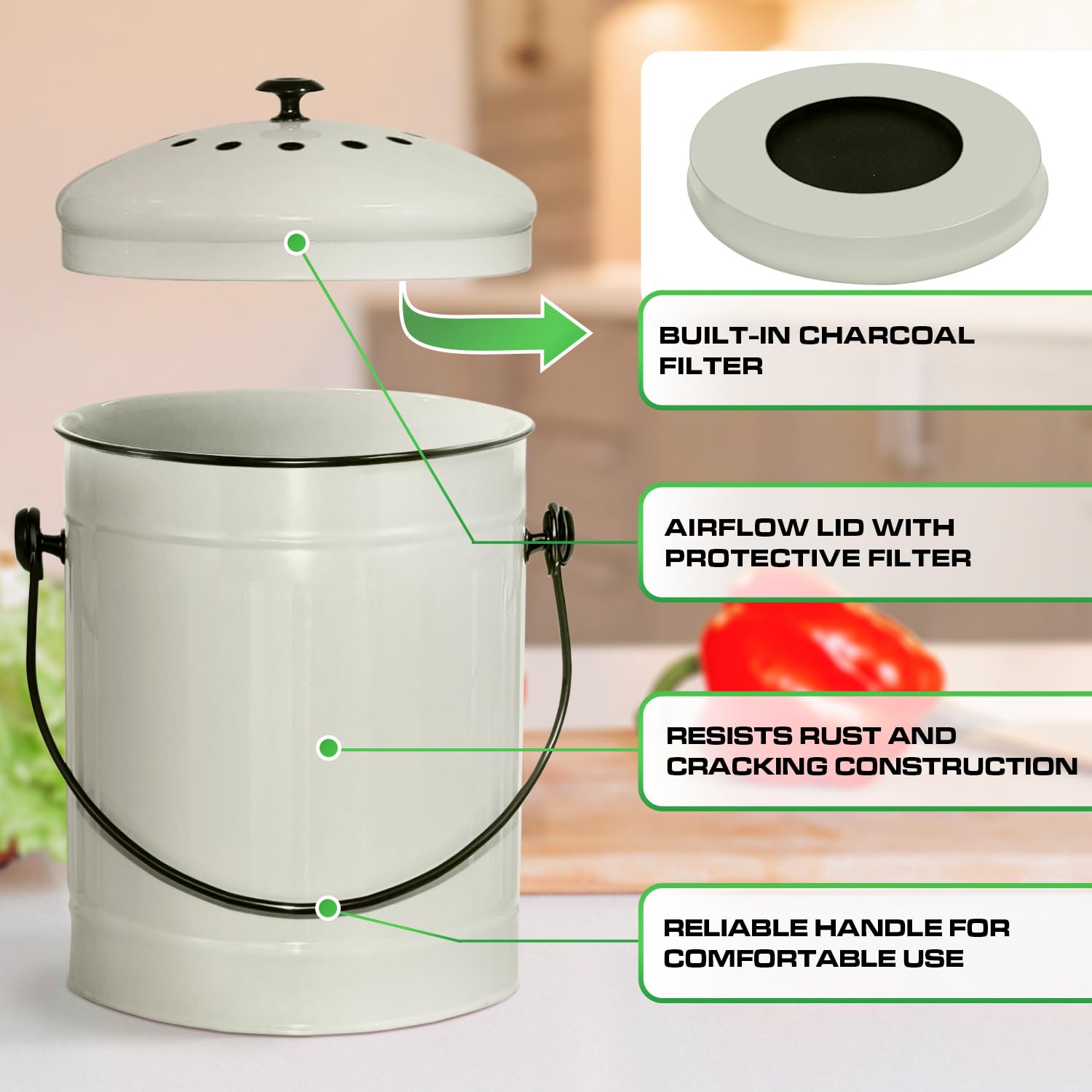 1.5 Gallon Off-White Metal Compost Bin with Airflow Lid and One Charcoal Filter