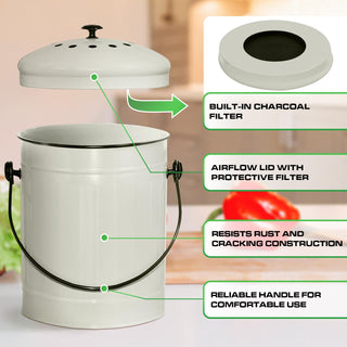 1.5 Gallon Off-White Metal Compost Bin with Airflow Lid and One Charcoal Filter