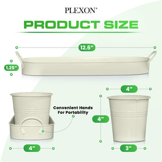 Set of 3 Beige Metal Garden Planters with Tray