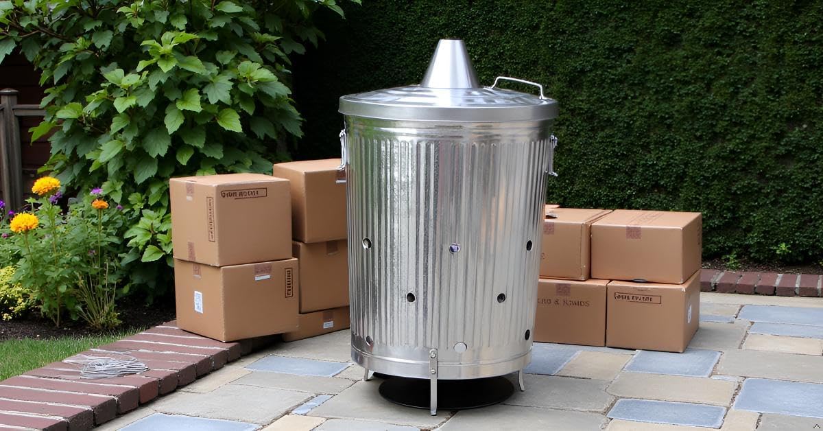 Plexon Metal Compost Bin Outdoor Burn Bin - Galvanized Trash Can with Lid Chimney and Vent Holes - Trash Burning Container Composter Incinerator for Garbage, 20 Gallon (Chimney Lid and Vent Holes)