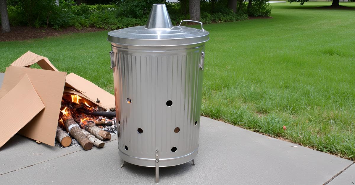 Plexon Incinerator Burn Barrel for Outside for Burning Trash Leaf - Metal Burn Can Cage Bin Container - Fire Can Paper Burner Outdoor, Chimney Lid and Ventilation Holes, Galvanized Steel, 31 Gallon