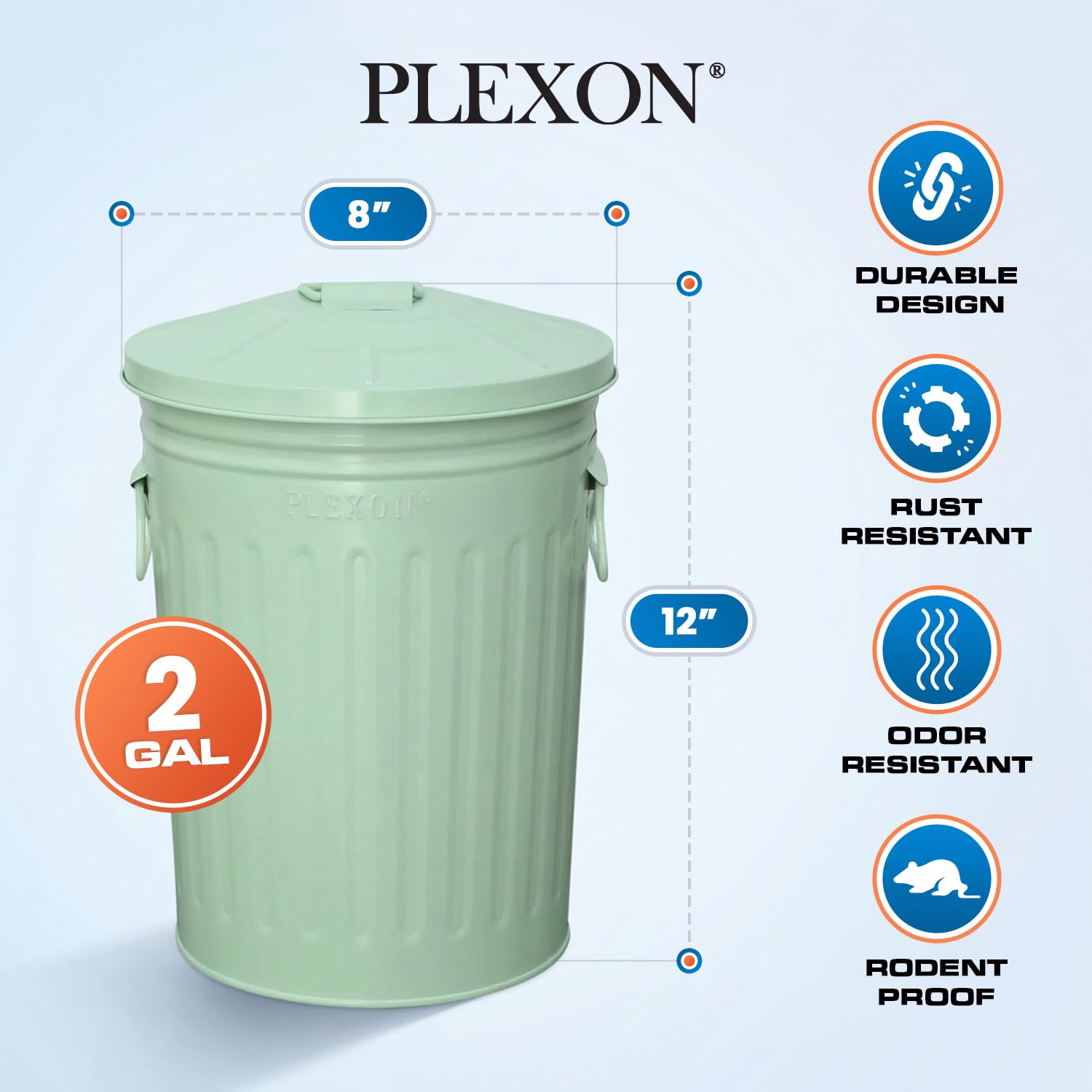 Plexon 2 Gallon Small Metal Trash Can with Lid Bathroom Garbage Can with Lid Bathroom Trash Can for Bedroom Office Kitchen Indoor Waste Basket, Round Powder Coated Green Bucket