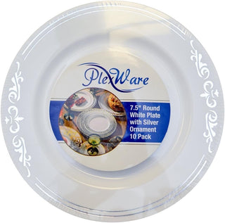 7.5" Round White Plate with Silver Ornament, 10/Pack, 12/Case