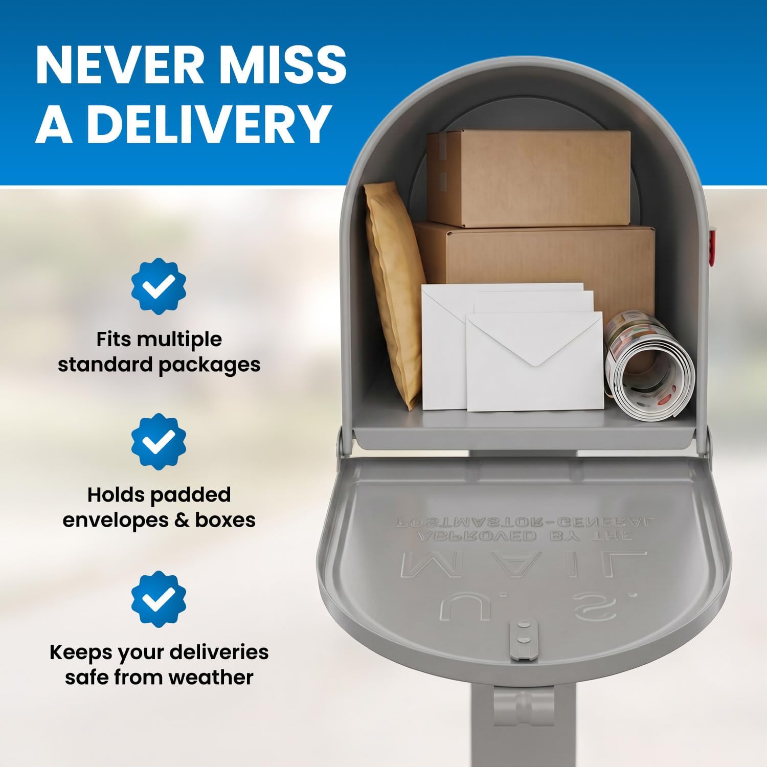 Plexon Gray Jumbo Size Rural Mailbox, 3175 cu-in Capacity, Galvanized Steel, Powder-Coated, 15 in. H x 11.69 in. W x 24.82 in. L