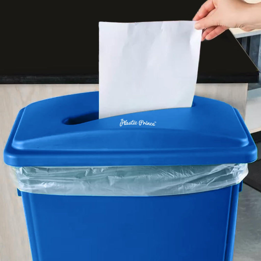 Plastic Prince 23 Gallon Slim Trash Can with Paper Recycling Lid, Commercial Blue Rectangular Garbage Can, Waste Bin for Home Kitchen Cabinet