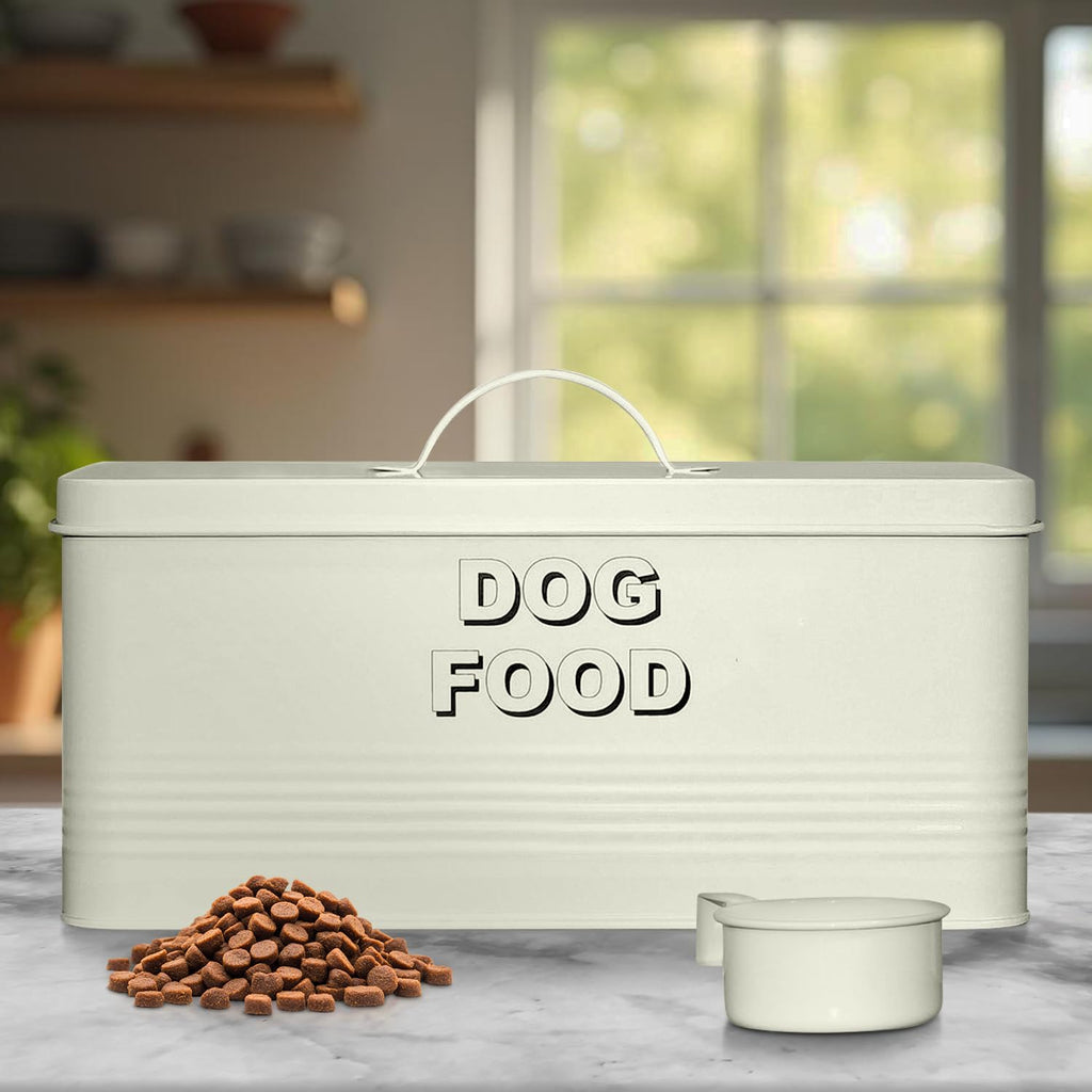 10 lb Rectangular Off-White Metal Pet Food Storage Container with Scoop