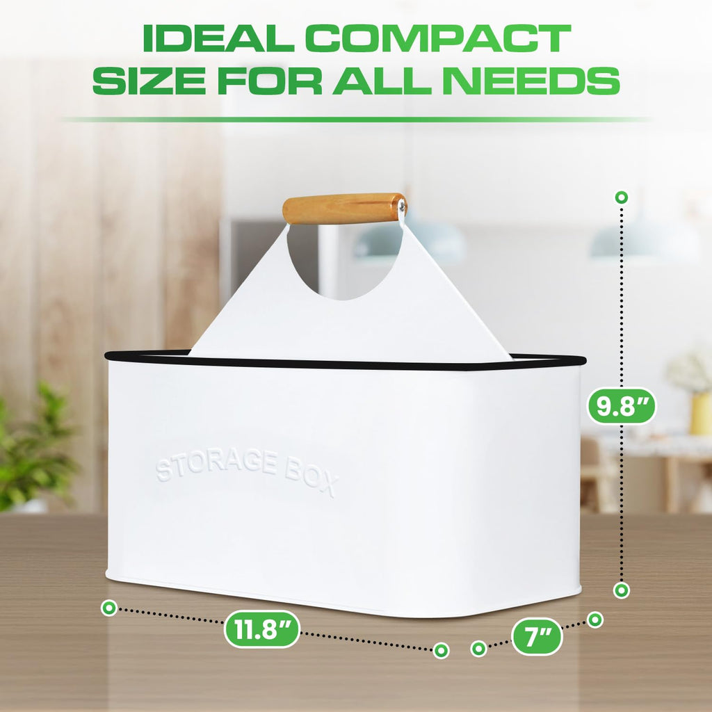 White Galvanized Metal Utensil Caddy with Wooden Handle