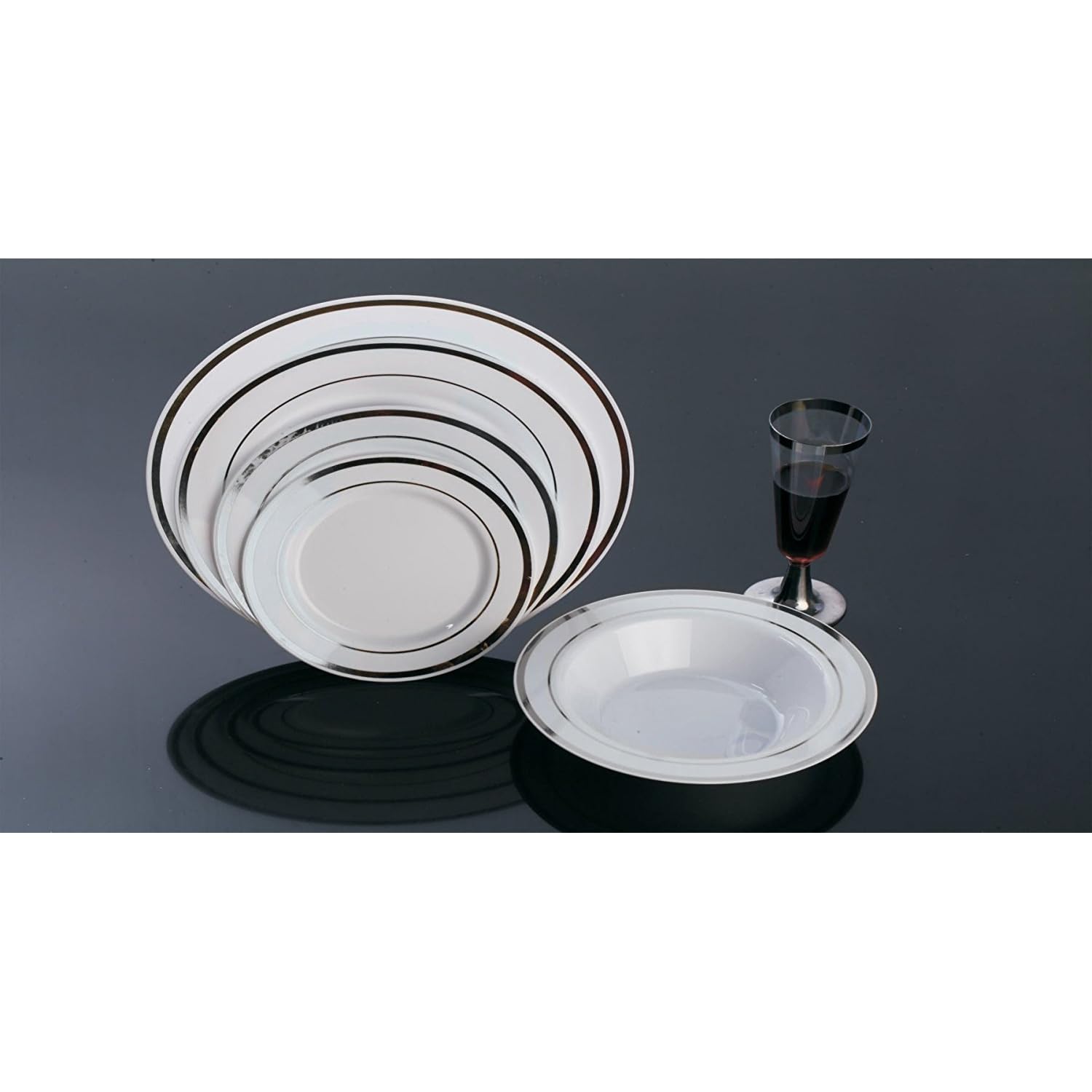 50-piece Set Round White Plates with Silver Rim, 20 Pieces 7.5", 15 Pieces 9", 15 Pieces 10.25", 4/Case