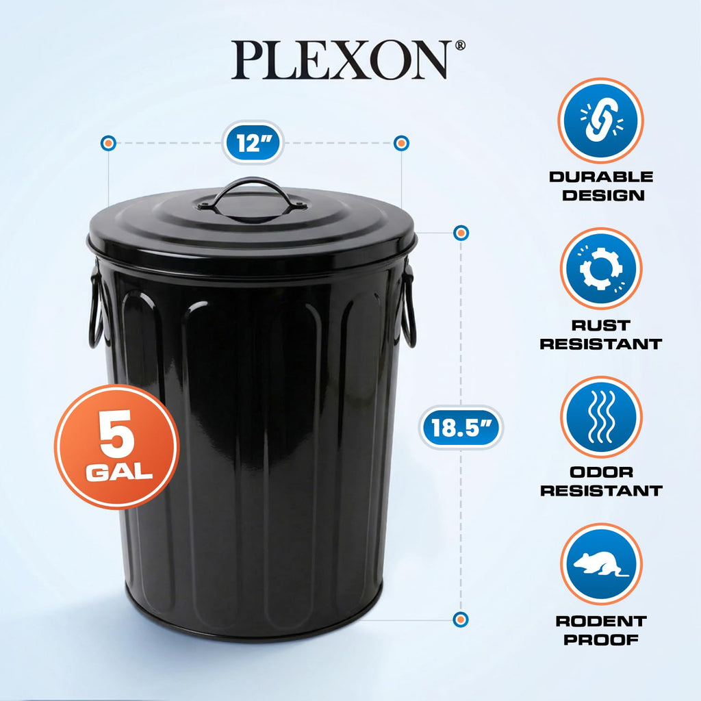 Plexon 5 Gallon Small Metal Trash Can with Lid Outdoor Galvanized Steel Bucket with Lid 5 Gal Storage Can for Dog Food Bird Seed Storage Container Rodent Pet Proof, Black