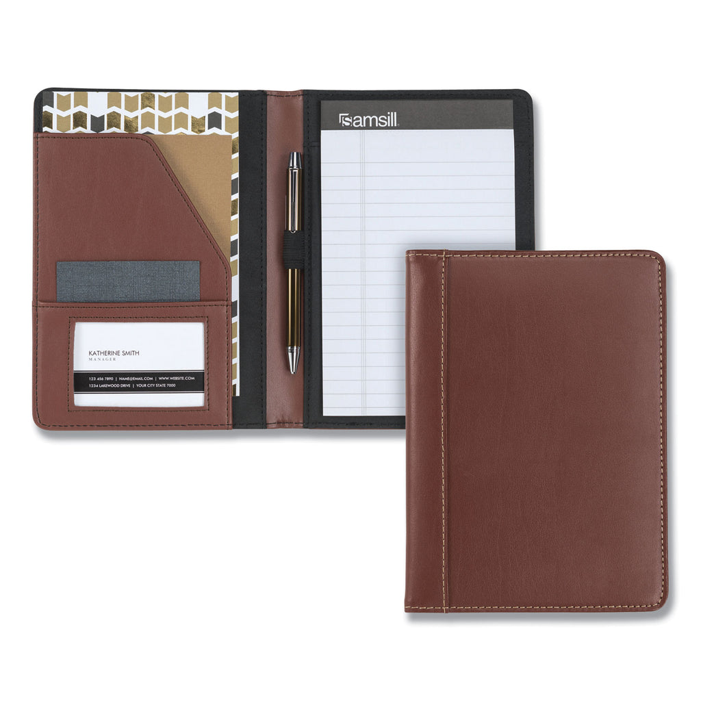 Contrast Stitch Leather Padfolio, 6.25w x 8.75h, Open Style, Brown