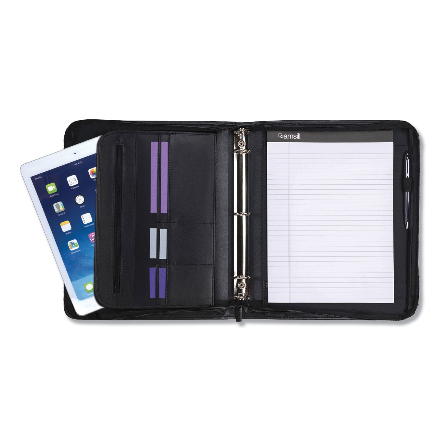 Professional Zippered Pad Holder/Ring Binder, Pockets, Writing Pad, Vinyl Black - 