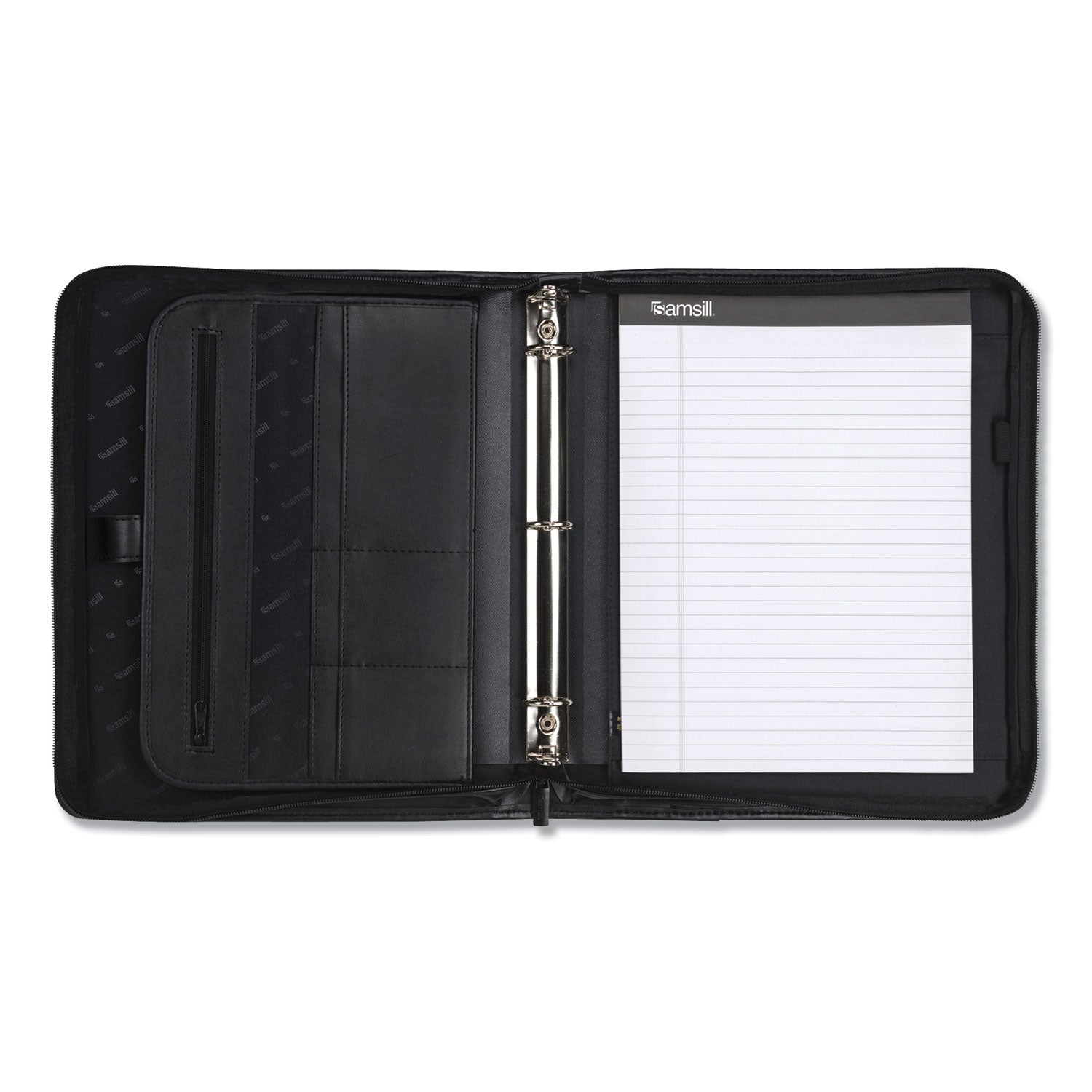 Professional Zippered Pad Holder/Ring Binder, Pockets, Writing Pad, Vinyl Black - 