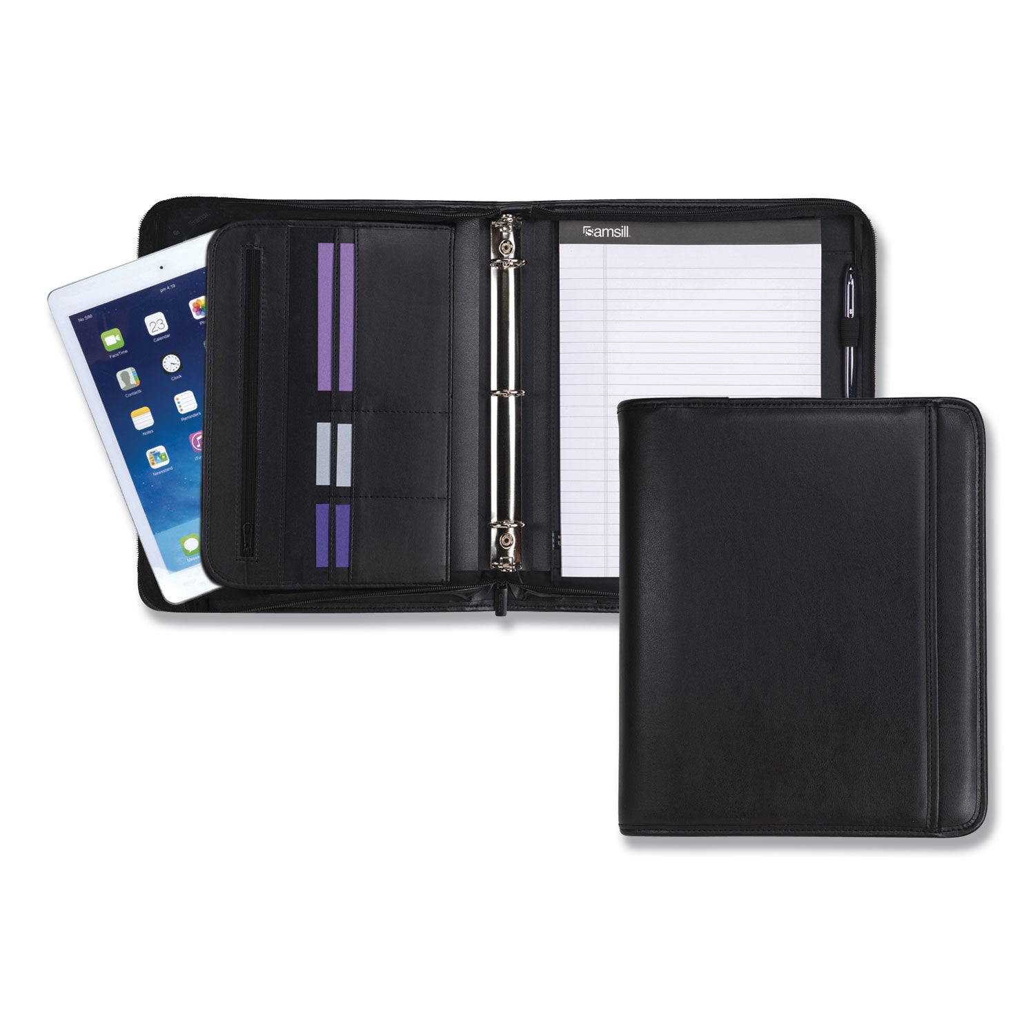 Professional Zippered Pad Holder/Ring Binder, Pockets, Writing Pad, Vinyl Black - 