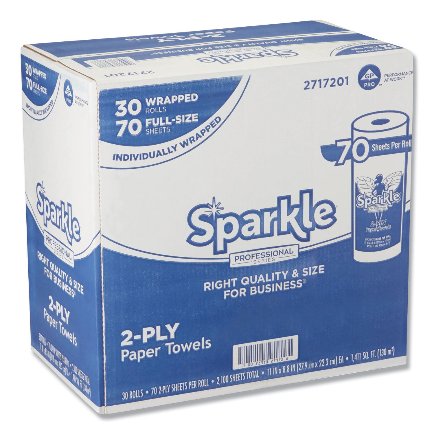 Sparkle ps Premium Perforated Paper Kitchen Towel Roll, 2-Ply, 11 x 8.8, White, 70 Sheets, 30 Rolls/Carton - 