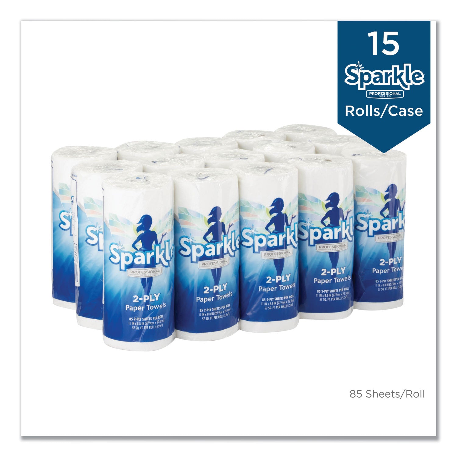 Sparkle ps Premium Perforated Paper Kitchen Towel Roll, 2-Ply, 11 x 8.8, White, 85/Roll, 15 Rolls/Carton