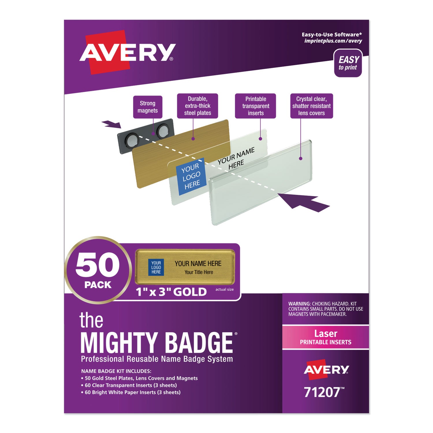 the-mighty-badge-name-badge-holder-kit-horizontal-3-x-1-laser-gold-50-holders-120-inserts_ave71207 - 1