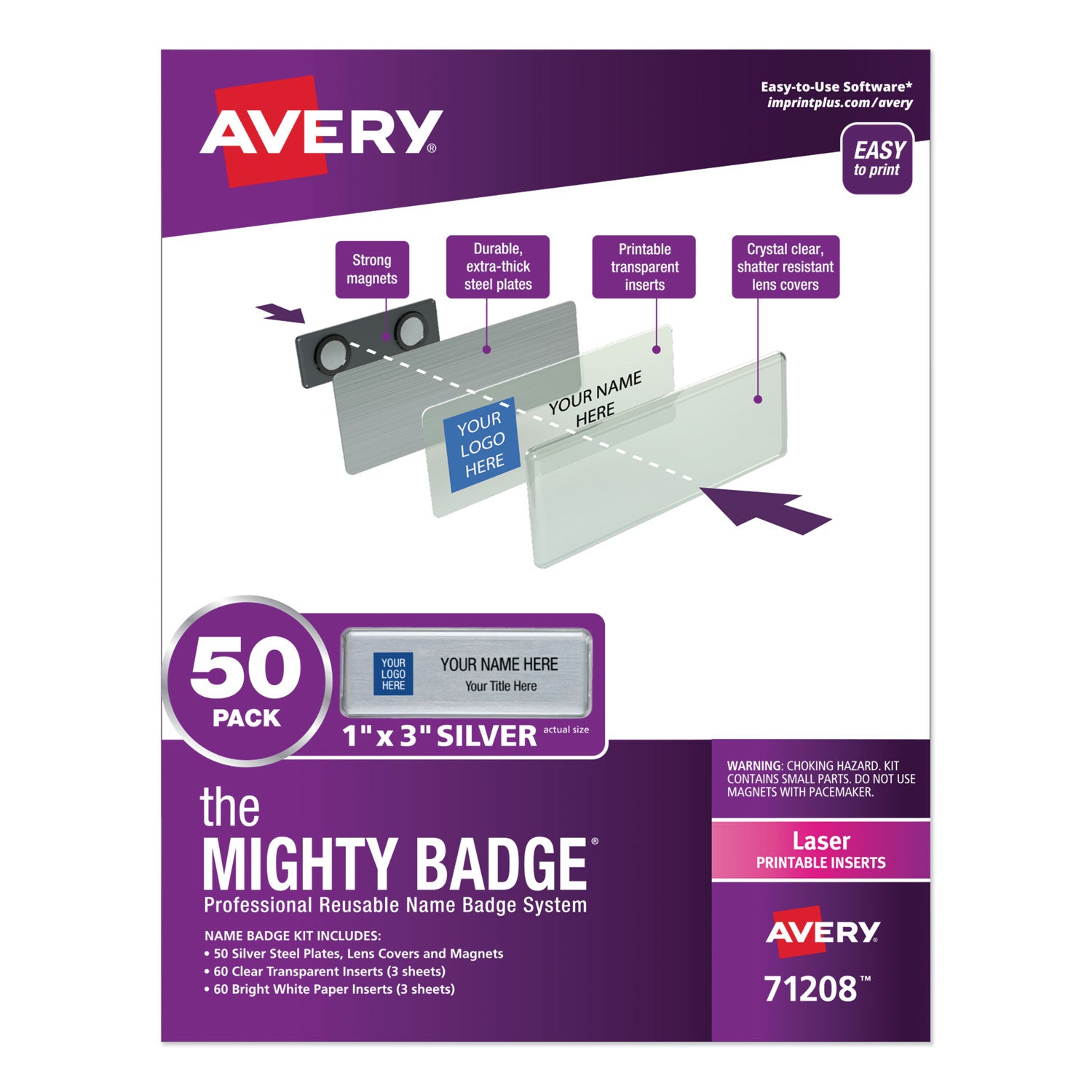the-mighty-badge-name-badge-holder-kit-horizontal-3-x-1-laser-silver-50-holders-120-inserts_ave71208 - 1