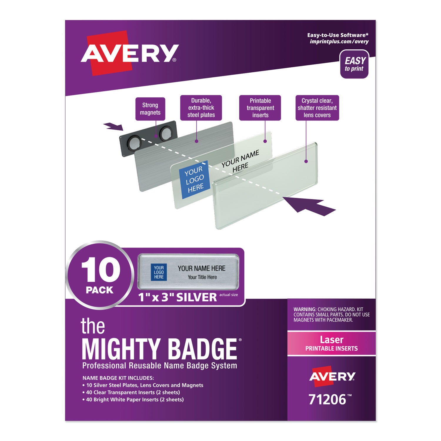 the-mighty-badge-name-badge-holder-kit-horizontal-3-x-1-laser-silver-10-holders-and-80-inserts-kit_ave71206 - 1