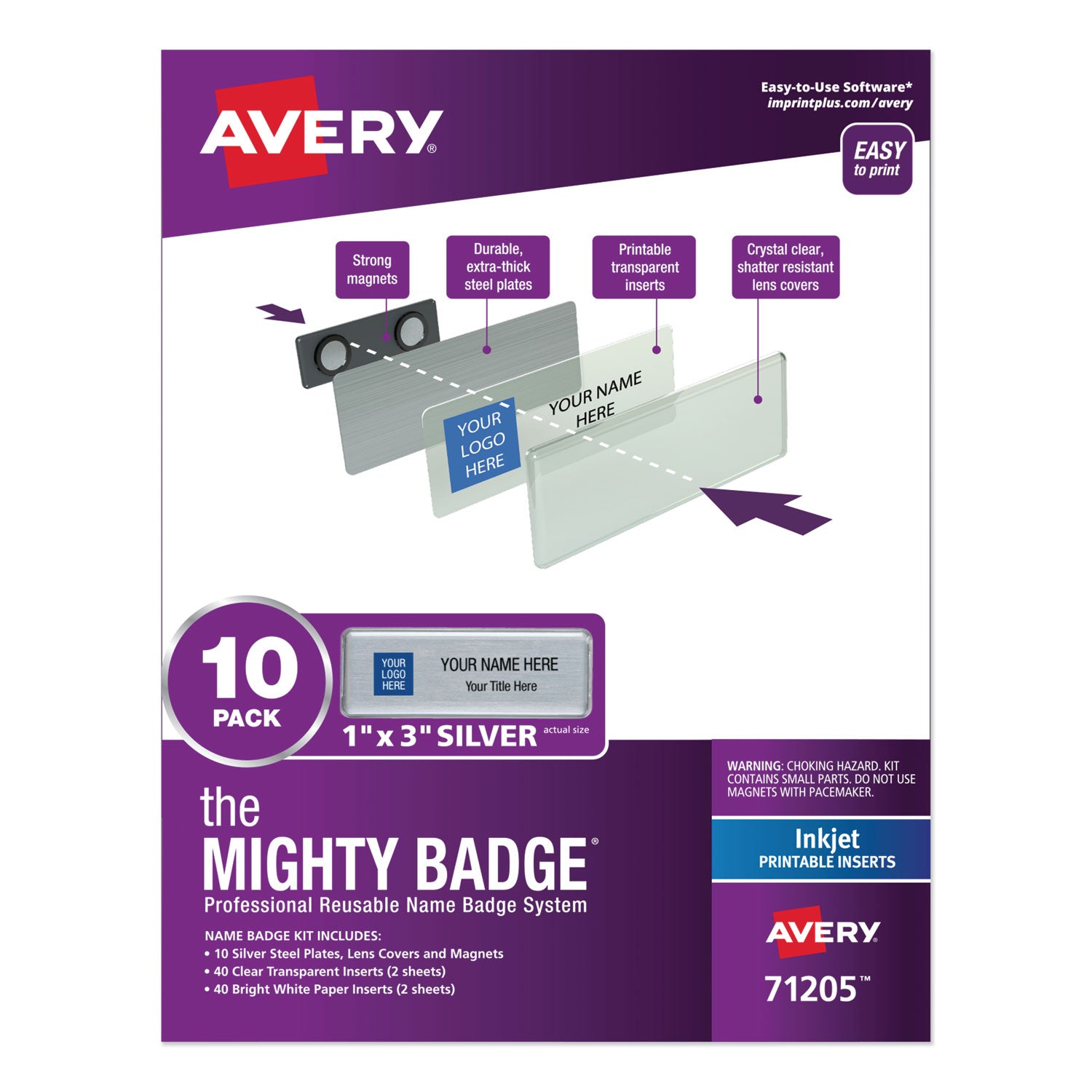 the-mighty-badge-name-badge-holder-kit-horizontal-3-x-1-inkjet-silver-10-holders-80-inserts_ave71205 - 1