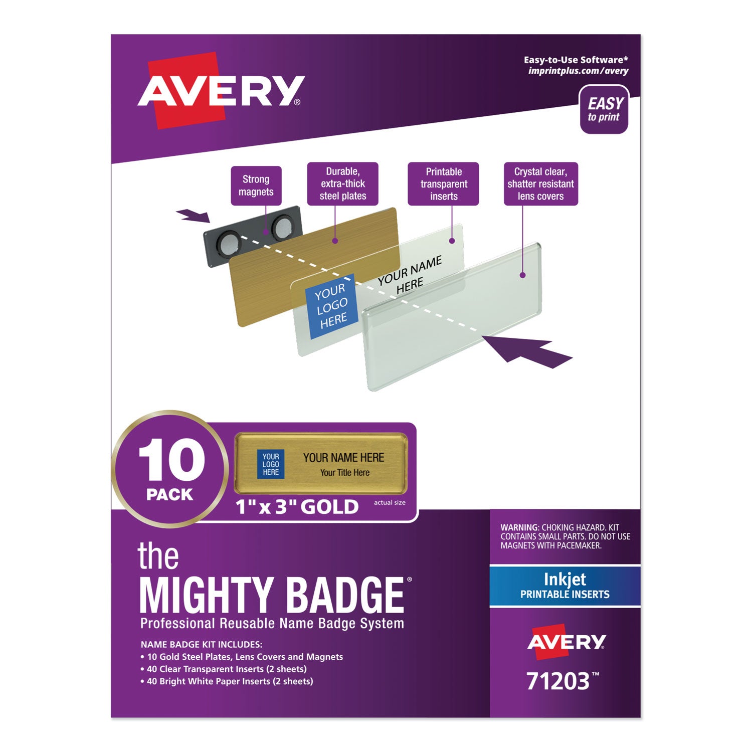 the-mighty-badge-name-badge-holder-kit-horizontal-3-x-1-inkjet-gold-10-holders-80-inserts_ave71203 - 1