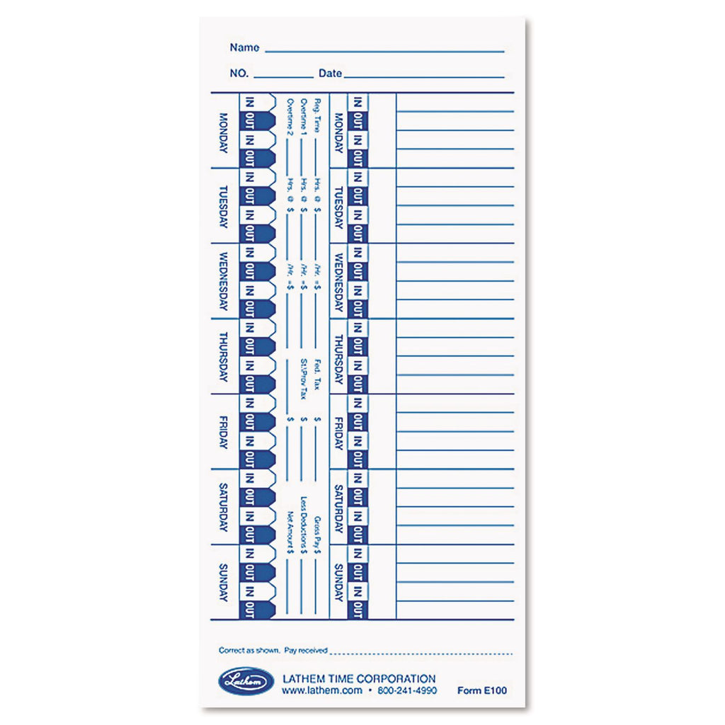 Time Clock Cards for Lathem Time E Series, One Side, 4 x 9, 100/Pack