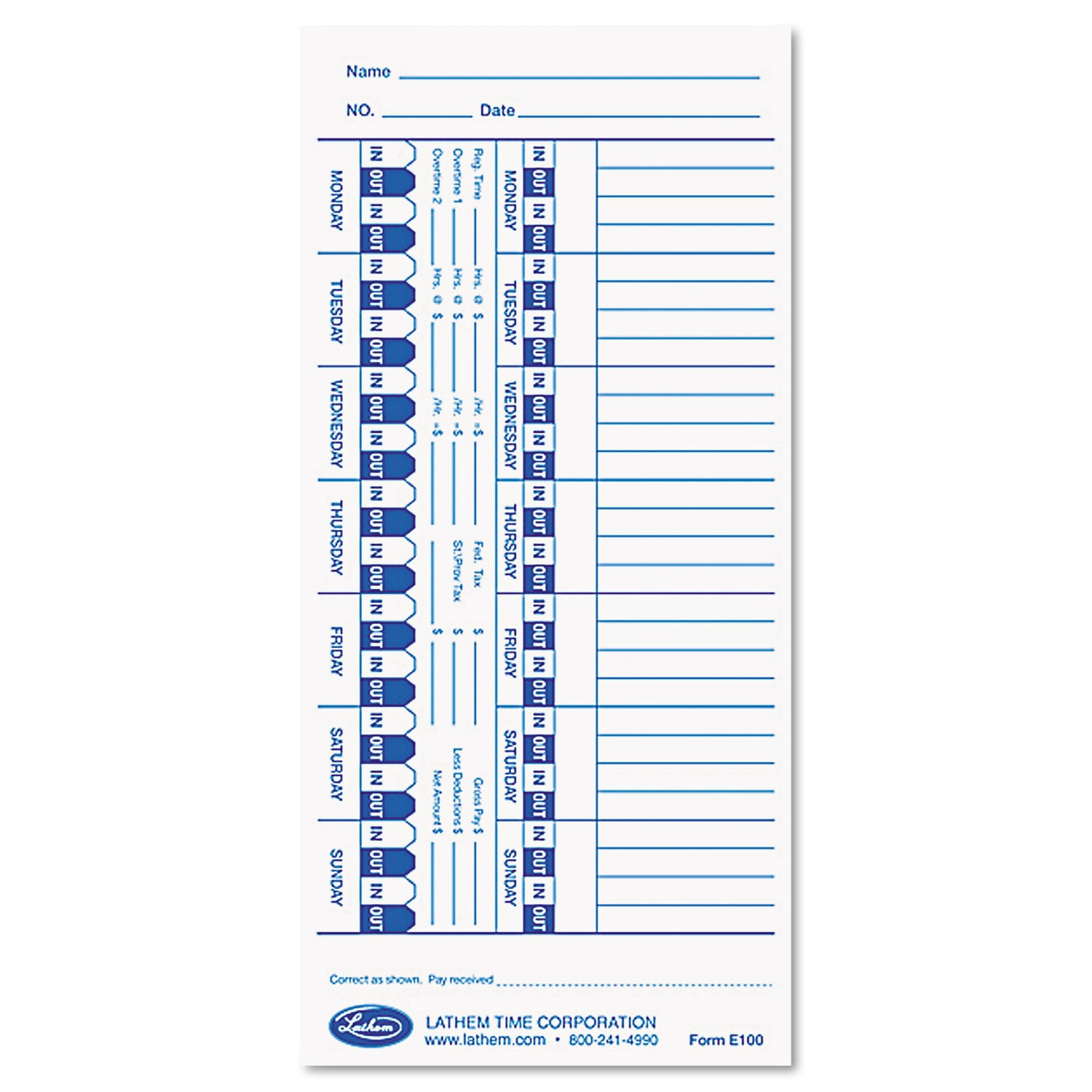 Time Clock Cards for Lathem Time E Series, One Side, 4 x 9, 100/Pack - 