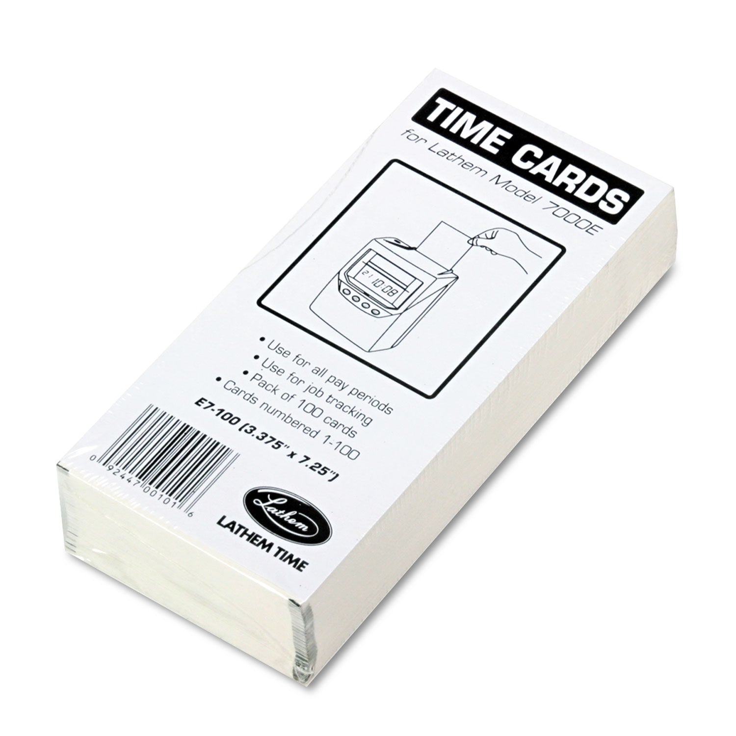 Time Clock Cards for Lathem Time 7000E, Two Sides, 3.5 x 7.25, 100/Pack