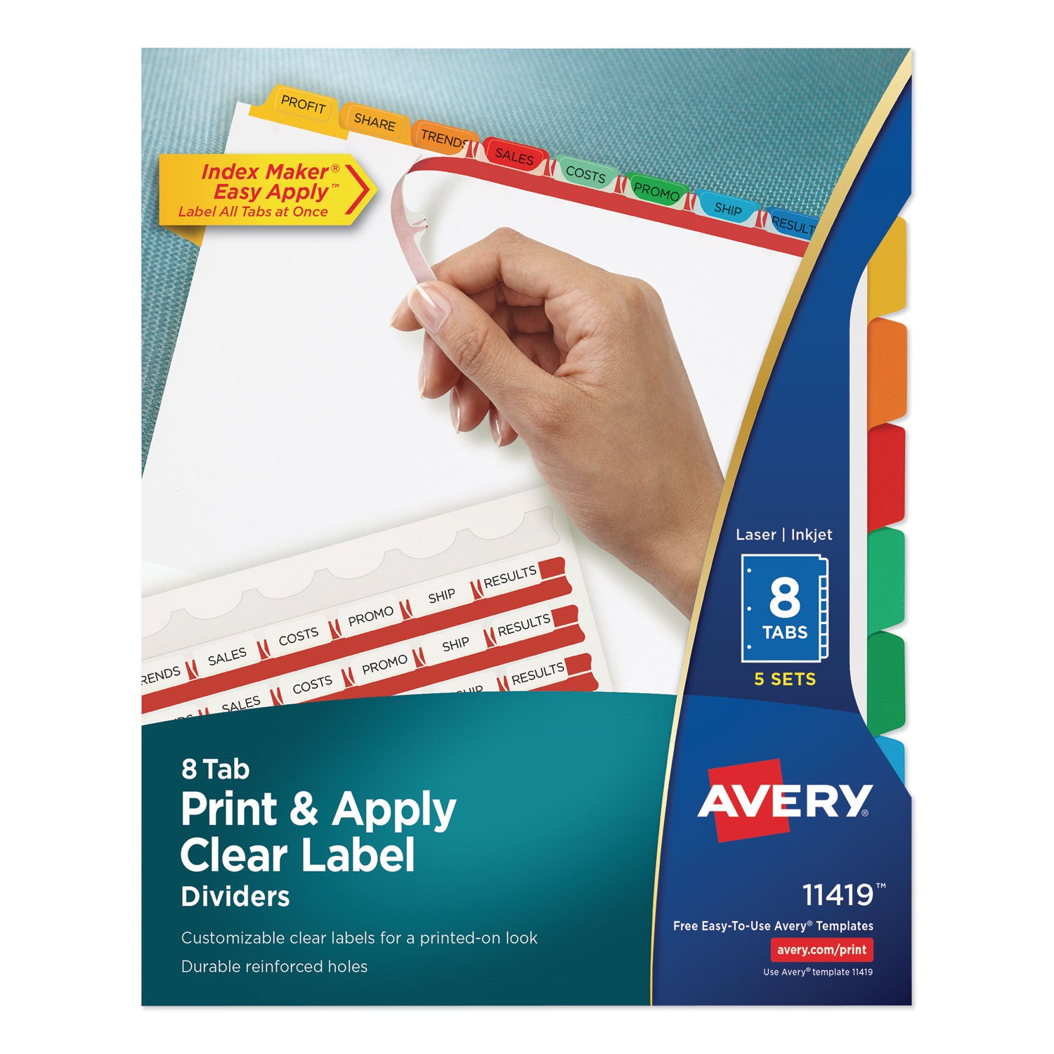 Print and Apply Index Maker Clear Label Dividers, 8-Tab, Color Tabs, 11 x 8.5, White, Traditional Color Tabs, 5 Sets - 